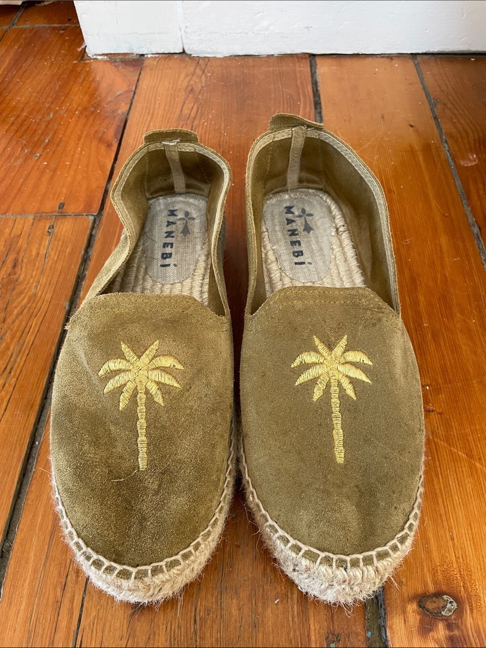 Manebi Olive Suede Espadrille Slip-Ons with Braided Jute Platform
